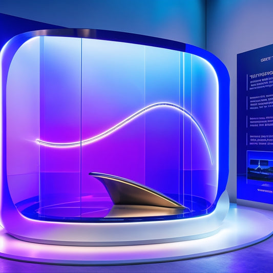A futuristic ecommerce display featuring a large, curved screen showcasing a 3D product model, surrounded by interactive holographic projections and augmented reality interfaces amidst a sleek, minimalist background.