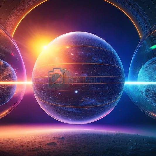 A futuristic, minimalist background with a large, glowing digital sphere at the center, surrounded by various platform icons (e.g., Shopify, Gumroad, Sellfy) orbiting around it in a circular motion.