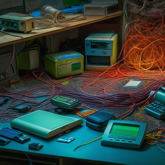 A maze of tangled digital cables and broken gauges, with a faint glow of a computer screen in the background, surrounded by scattered papers and broken calculators.