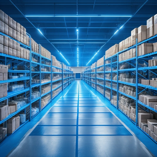 A stylized, minimalist illustration of a sleek, modern warehouse with empty shelves, surrounded by swirling arrows and lines suggesting efficient logistics, set against a bright, electric blue background.