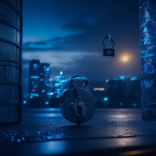 A dark, ominous cityscape at dusk with a giant, glowing blue padlock in the foreground, cracked and broken, surrounded by shattered glass and scattered dollar bills.