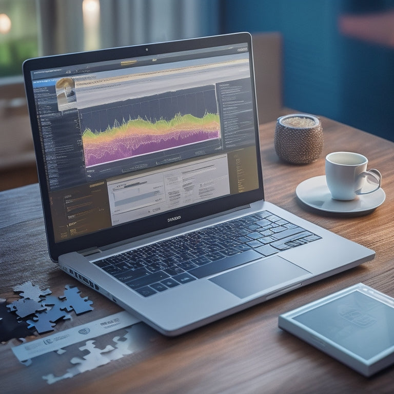 An illustration of a laptop with a glowing ecommerce website on its screen, surrounded by puzzle pieces fitting together, with a subtle background of rising sales graphs and trending upward arrows.