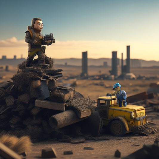 A desolate, post-apocalyptic landscape with a ruined cityscape in the background, featuring a 3D printed Vault Boy figurine standing atop a pile of broken machinery and twisted metal scraps.