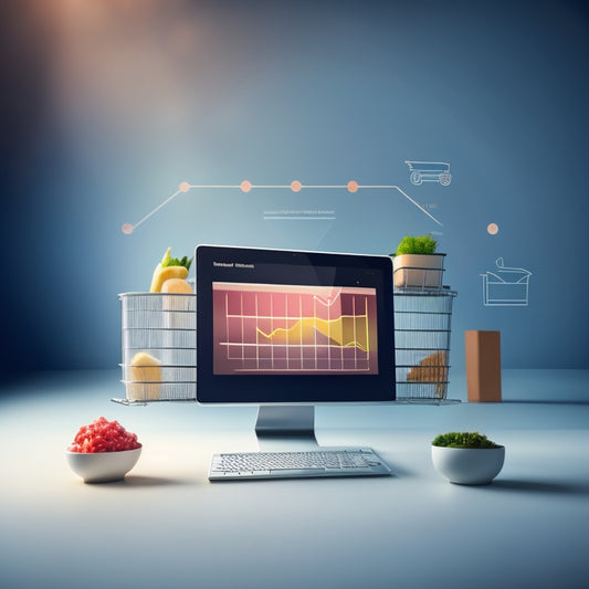 A futuristic, minimalistic illustration of a laptop screen displaying a rising graph, surrounded by various ecommerce icons, such as shopping carts, bags, and credit cards, in a circular formation.