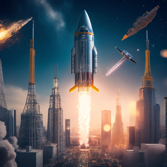 A rocket ship blasting off into the sky, surrounded by gears, clockwork mechanisms, and confetti, with a subtle cityscape or industrial background, conveying innovation, precision, and celebration.