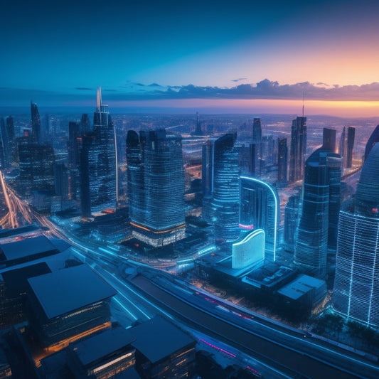 A futuristic cityscape at dusk with sleek skyscrapers, neon lights, and holographic projections of commerce-related icons (e.g. briefcases, charts, and globes) floating above the rooftops.
