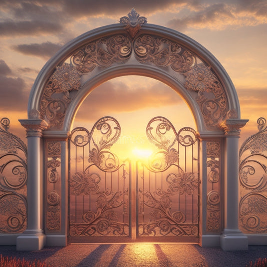 A stylized illustration of a grand, ornate gate with musical notes and treble clefs etched into the metal, set against a warm, sunset-inspired background with subtle sound waves.