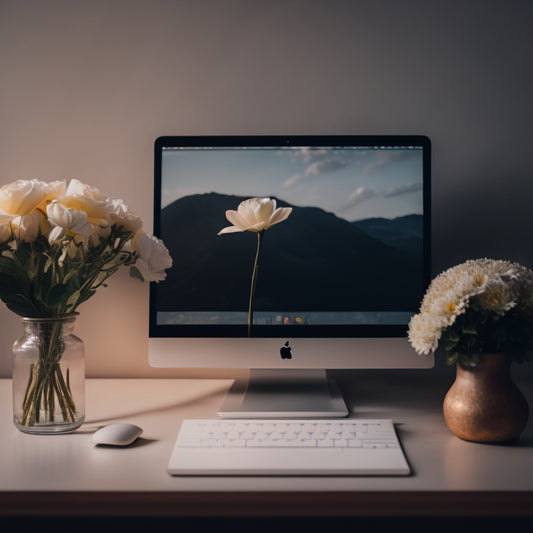 A minimalist desktop with a laptop, a few scattered sticky notes, and a single blooming flower in a small vase, surrounded by subtle, glowing digital product icons and gentle, swirling clouds.