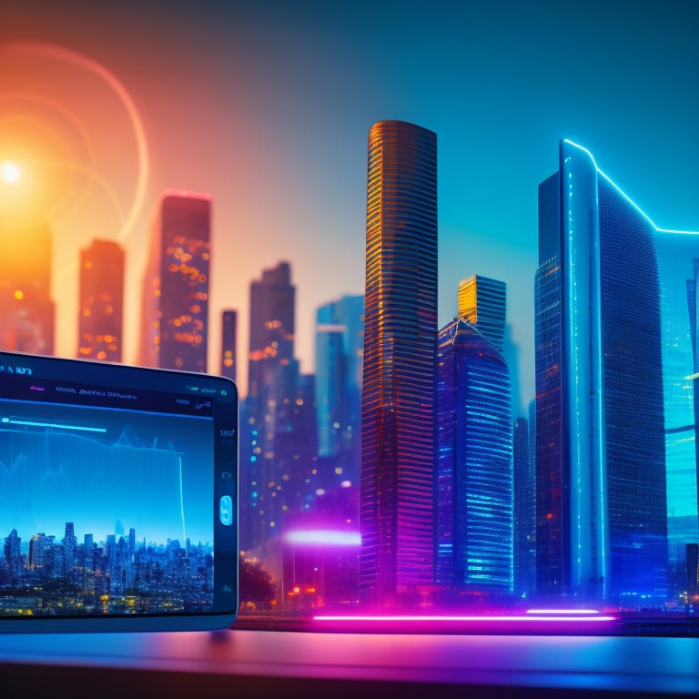 A futuristic, neon-lit cityscape at dusk with sleek skyscrapers and bustling streets, featuring a giant, glowing smartphone screen displaying a rising sales graph in the foreground.
