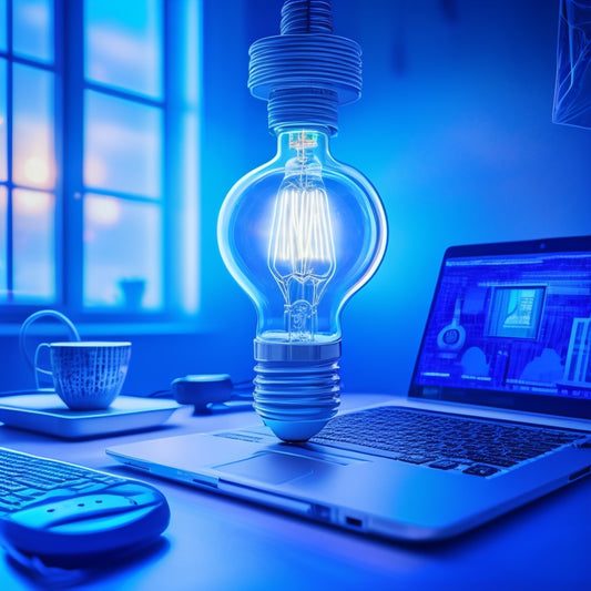 A stylized, modern illustration depicting a lightbulb moment above a laptop, surrounded by swirling lines and shapes in shades of blue, symbolizing innovation and e-commerce growth.