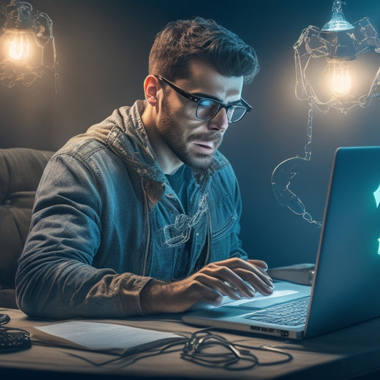 A stylized illustration of a person sitting in front of a laptop with a frustrated expression, surrounded by scattered papers and broken chains, with a subtle glow of freedom and empowerment emanating from the screen.