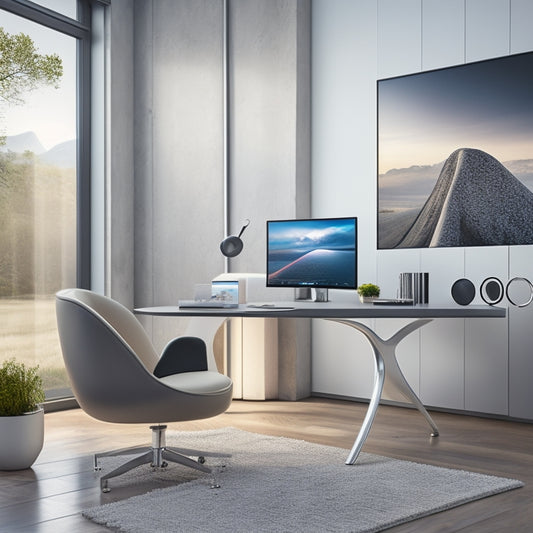 A futuristic, minimalist workspace with a large, curved screen displaying a 3D virtual catalog, surrounded by scattered design tools, and a sleek, modern chair in the background.