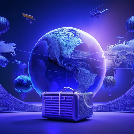 A futuristic, sleek, and modern illustration of a globe surrounded by interconnected gears, with shopping bags and laptops orbiting around it, set against a dark blue and purple gradient background.