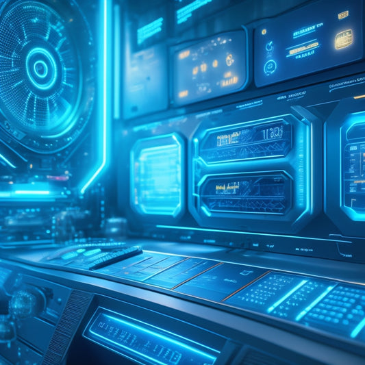 A futuristic, high-tech dashboard with glowing blue circuits, flashing lights, and sleek metallic surfaces, surrounded by orbiting gears and cogs, with a subtle grid pattern in the background.