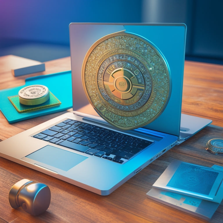 A shield with a laptop and a lock in the center, surrounded by a circle of puzzle pieces, with a subtle background of 1s and 0s, conveying protection and digital security.