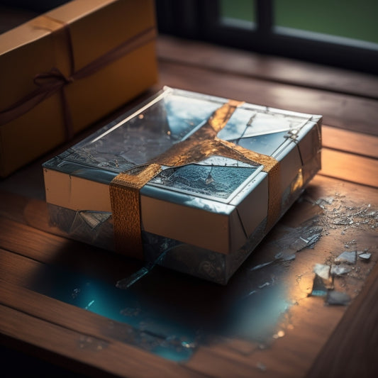 A transparent Amazon package with a cracked, reflective surface, surrounded by broken mirrors, shattered glass, and a faint, glowing ethical compass in the background.