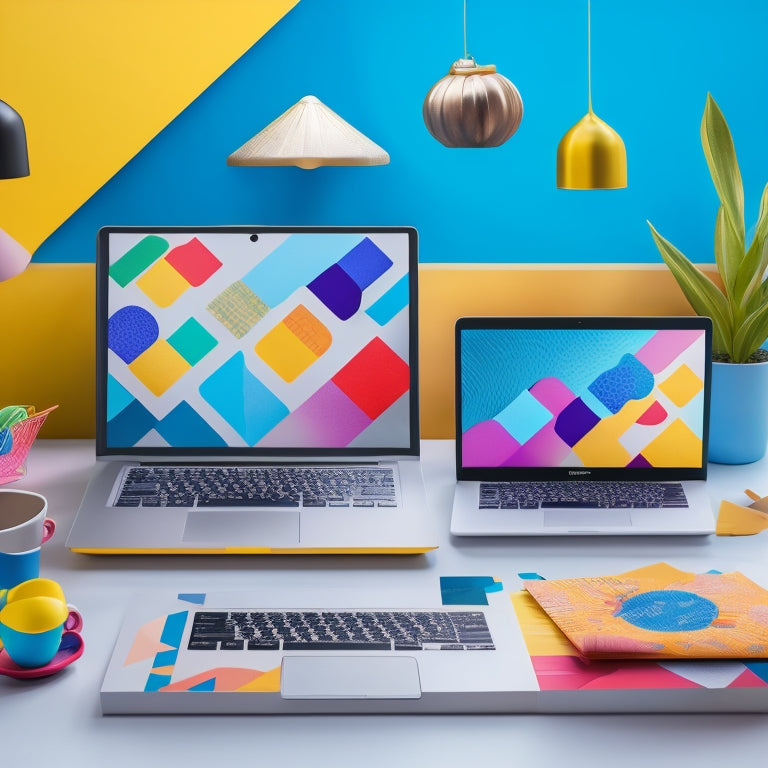 A colorful, modern illustration featuring a laptop with a stylized online storefront on the screen, surrounded by vibrant printables like customizable planners, art prints, and stickers, with abstract shapes and lines symbolizing growth and innovation.