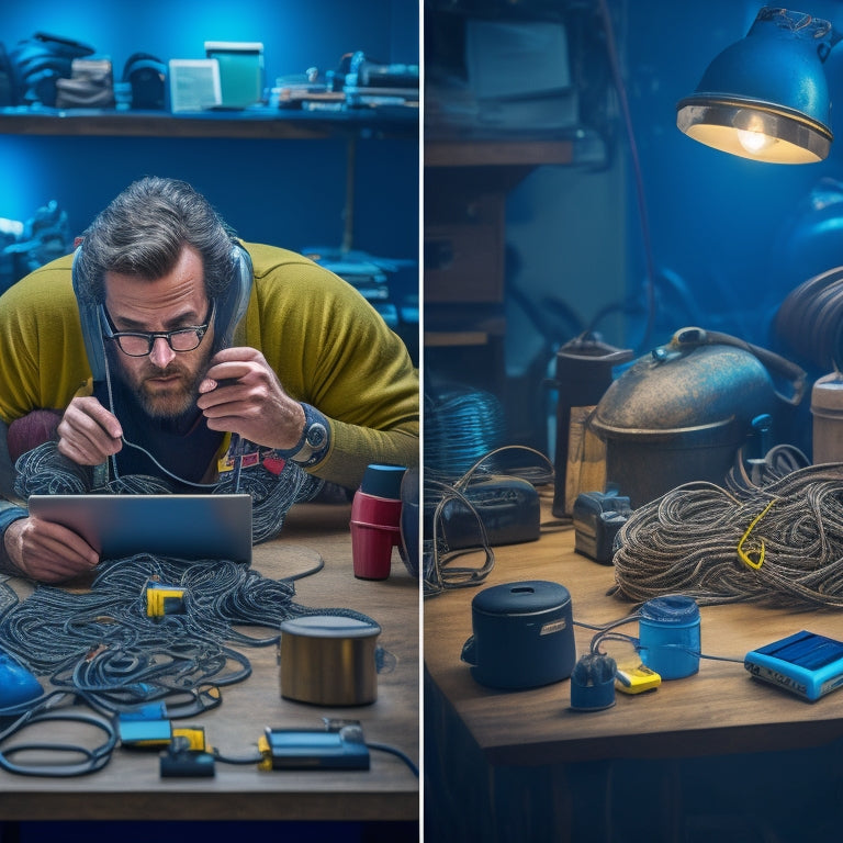 A split-screen image featuring a frustrated merchant on one side, surrounded by tangled phone cords and broken devices, and a calm, organized workspace on the other, with a single, sleek phone and a satisfied merchant.