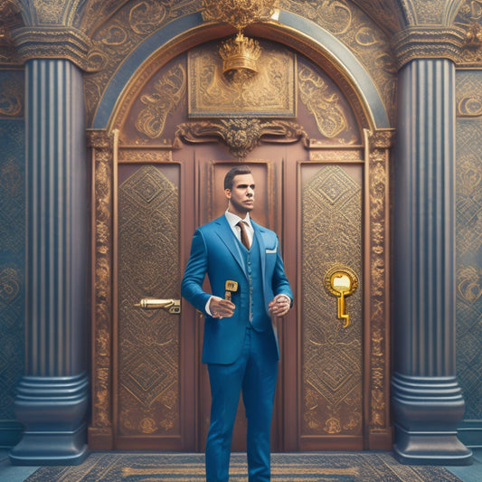 A stylized illustration of a businessman standing in front of a large, ornate door with multiple locks, holding a single, shiny key, surrounded by subtle, faded credit card and money symbols in the background.