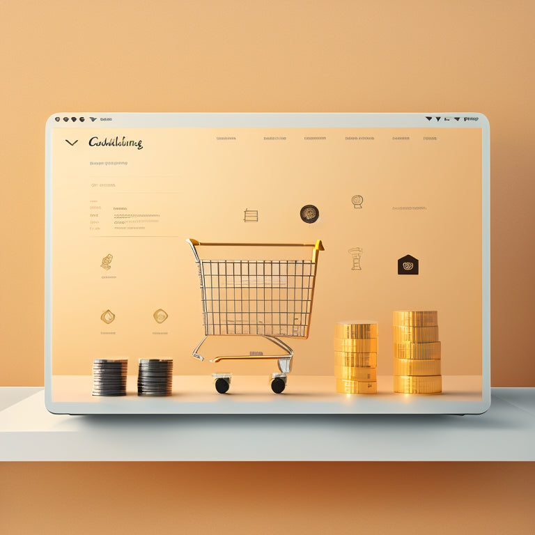 A minimalist illustration of an online store's framework, featuring interconnected icons of a homepage, product page, shopping cart, and checkout, surrounded by subtle commerce-related elements like coins and gears.