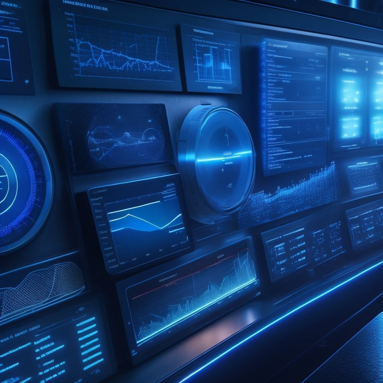 A futuristic dashboard with glowing blue lines and circular graphs, surrounded by minimalist icons of calculators, coins, and charts, set against a dark blue background with subtle grid patterns.