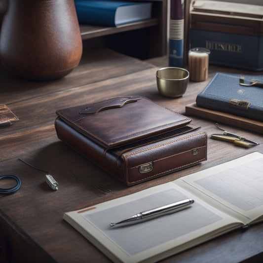 An open, worn, brown leather binder lies on a wooden desk, surrounded by scattered paper clips, pens, and a few loose pages, with a rolled-up blueprints and a miniature toolbox in the background.