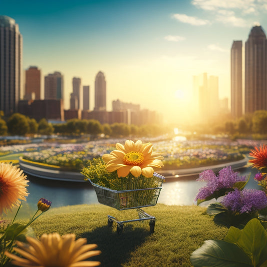 An illustration of a blooming flower with petals shaped like shopping carts, surrounded by lush greenery and a subtle cityscape in the background, with a bright sun shining down.