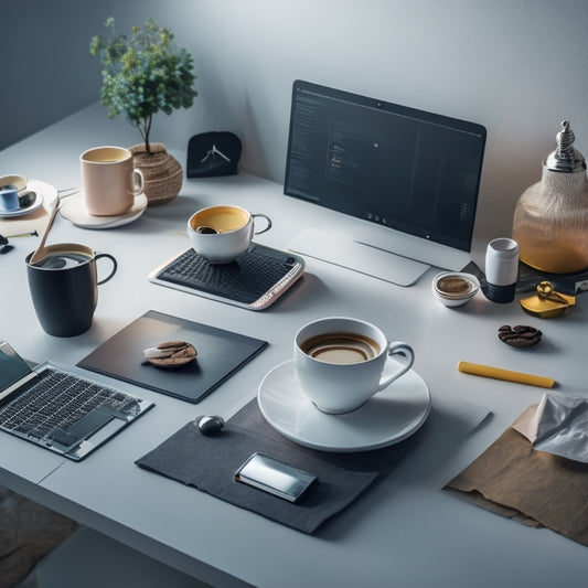 A futuristic, minimalist desk with a laptop, a clock ticking in the background, and various digital product prototypes scattered around, surrounded by coffee cups and crumpled papers.