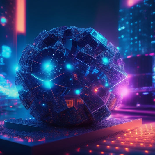 An abstract illustration of interconnected gears, cubes, and spheres in a futuristic, neon-lit cityscape, with sleek, modern architecture and subtle digital patterns in the background.