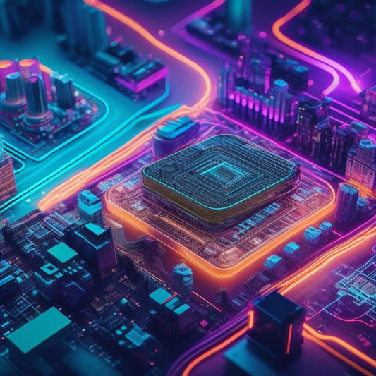 A stylized illustration of a Shopify store's digital transformation, featuring swirling digital bits and bytes merging with physical products, amidst a backdrop of circuit boards and neon-lit cityscapes.