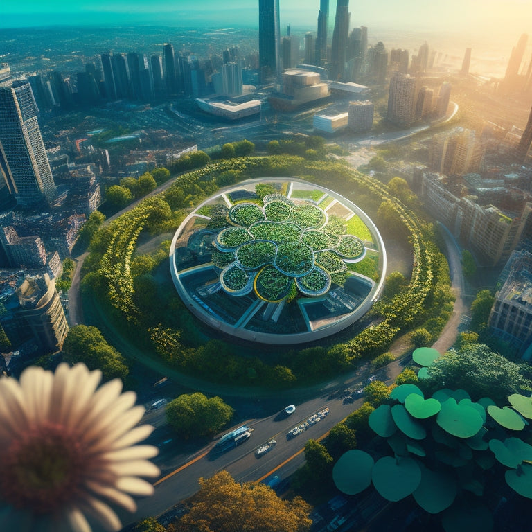 An illustration of a futuristic cityscape with sleek, modern buildings and a giant four-leaf clover at the center, its leaves morphing into gears and cogs, surrounded by orbiting robots and holographic interfaces.