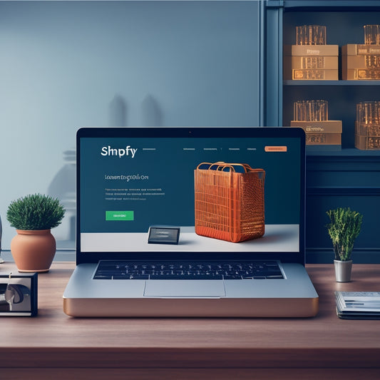 A stylized illustration of a laptop screen displaying a Shopify storefront with digital products, surrounded by locks opening and keys floating upwards, symbolizing unlocked sales and revenue growth.