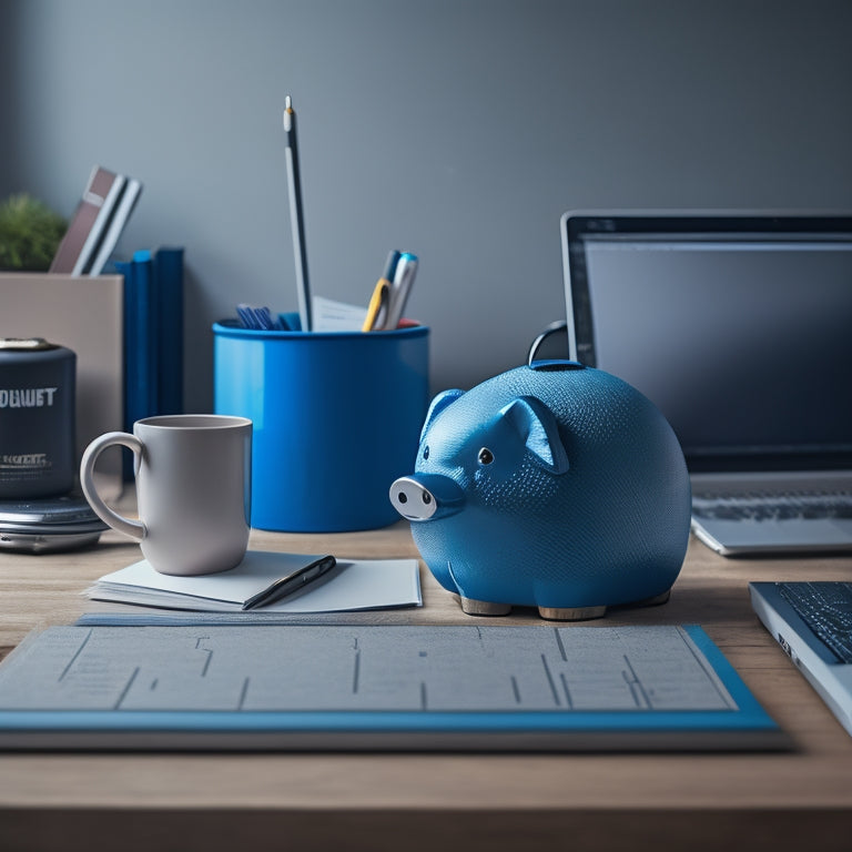 A serene, organized desk with a laptop, a notebook, and a pen, surrounded by neatly stacked files and a miniature piggy bank, set against a calm, blue-gray background.