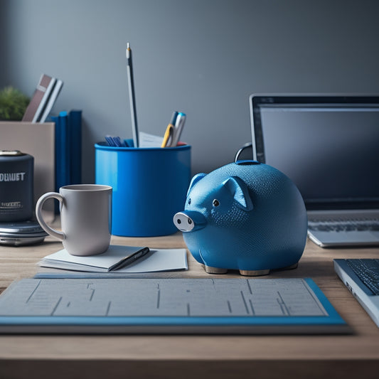 A serene, organized desk with a laptop, a notebook, and a pen, surrounded by neatly stacked files and a miniature piggy bank, set against a calm, blue-gray background.