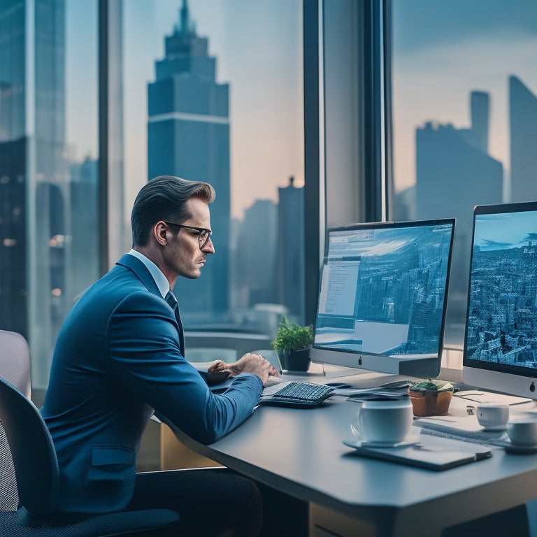 A professional person sitting at a desk, surrounded by laptops and tablets, with a cityscape or office building background, conveying a sense of modernity and corporate environment.