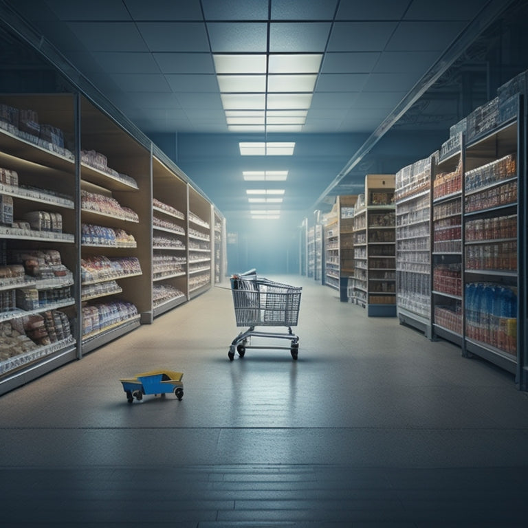 A deserted online store interior with empty shelves, a few scattered products, and a broken shopping cart in the foreground, surrounded by faint footprints leading out the door.