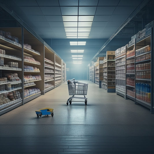 A deserted online store interior with empty shelves, a few scattered products, and a broken shopping cart in the foreground, surrounded by faint footprints leading out the door.