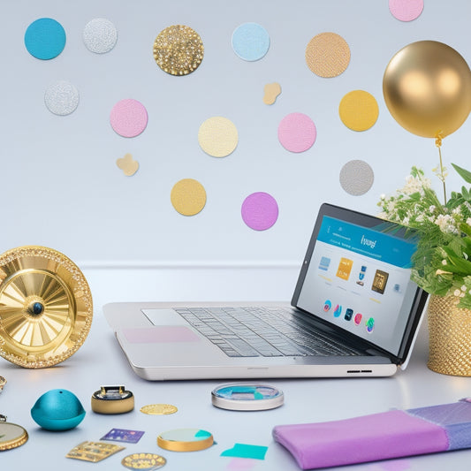 A stylized, modern illustration of a smiling, golden customer loyalty badge surrounded by a circle of digital devices (laptops, tablets, smartphones) with download icons and confetti in pastel colors.