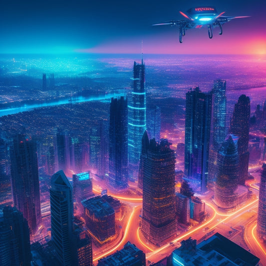 A futuristic, neon-lit cityscape at dusk with sleek skyscrapers, holographic advertisements, and flying drones, set against a backdrop of binary code and circuit board patterns.