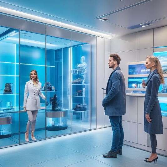 A futuristic storefront with sleek, silver walls and a holographic display showcasing a 3D product model, surrounded by customers interacting with augmented reality shopping tools and personalized virtual assistants.