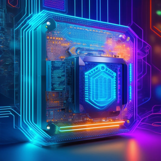 A futuristic, high-contrast illustration depicting a shield protecting a digital package being transmitted through a secure, glowing fiber optic cable surrounded by circuit boards and microchips.