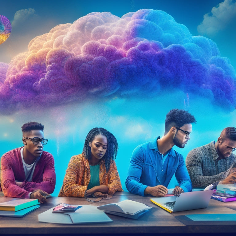 A vibrant, futuristic illustration of a diverse group of students surrounded by swirling clouds of colorful brain sparks, connected by glowing threads, amidst a cityscape of towering books and laptops.