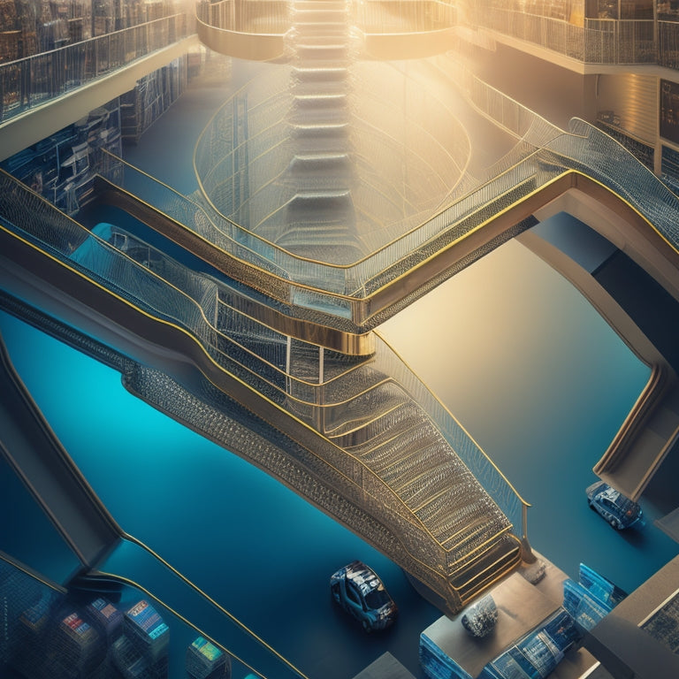 A stylized, futuristic illustration of a ascending staircase formed by interconnected gears, with shopping carts and bags rising upwards, surrounded by subtle ecommerce icons and circuit board patterns.