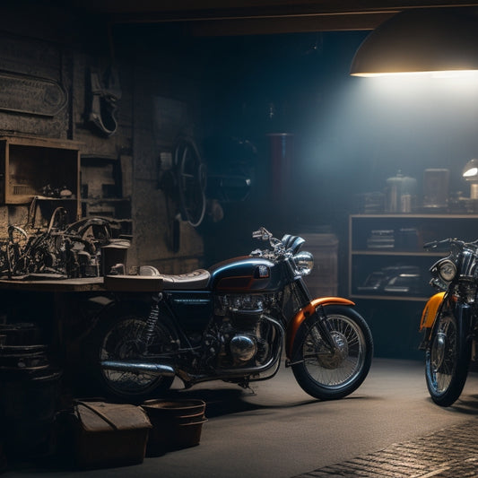 A dimly lit garage backdrop with a collection of vintage and modern Honda motorcycles, surrounded by scattered manuals, tools, and motorcycle parts, with warm lighting and a sense of nostalgia.