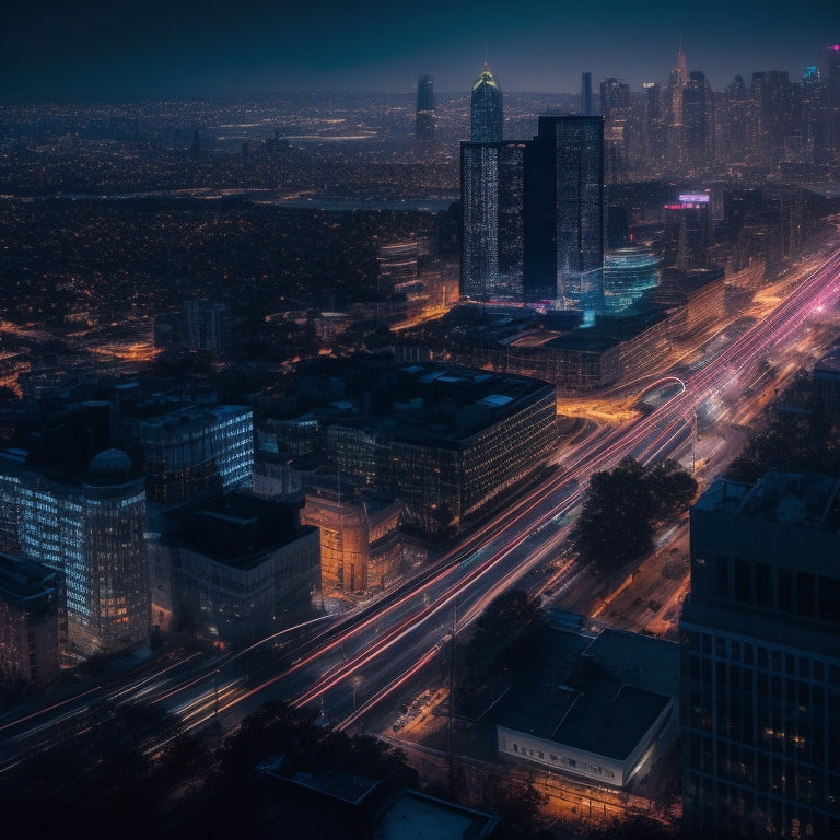 A dark, ominous cityscape at dusk with neon-lit screens and wires tangled like spider webs, a giant magnifying glass hovering above, scrutinizing the digital landscape.