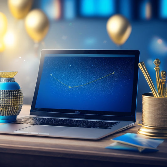 A stylized, modern illustration of a laptop open on a desk, surrounded by trophies, certificates, and confetti, with a subtle background gradient transitioning from blue to green, symbolizing growth and success.