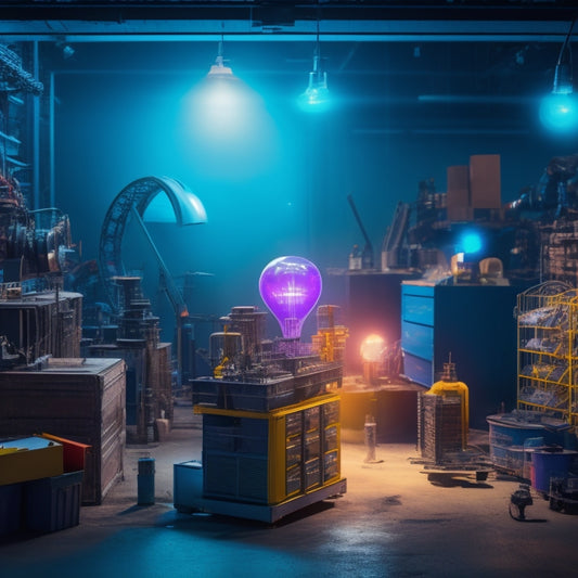 A colorful, futuristic workshop with various ecommerce tools as machinery, surrounded by crates and gears, illuminated by a bright lightbulb in the center, with a subtle cityscape background.