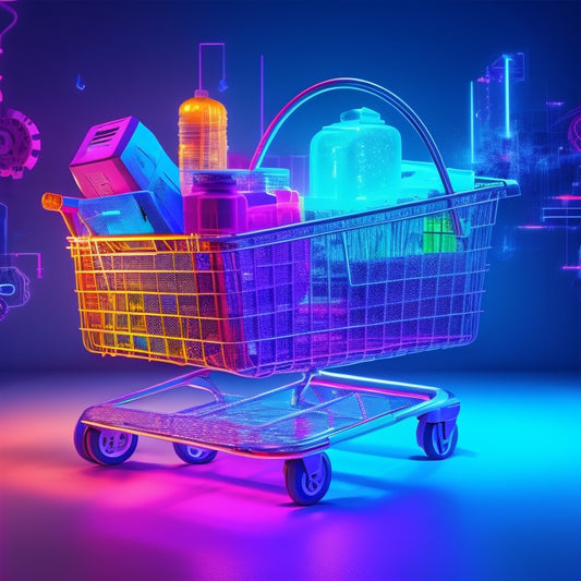 A futuristic, high-tech shopping cart overflowing with colorful, swirling code and gears, surrounded by sleek, modern laptops and smartphones, set against a dark blue background with neon accents.