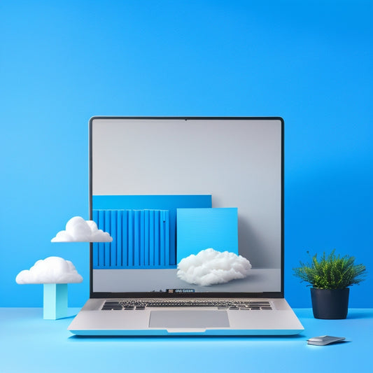 A minimalist illustration of a laptop screen displaying a Squarespace website with a digital download section, surrounded by icons of files, clouds, and shopping carts, set against a calming blue background.