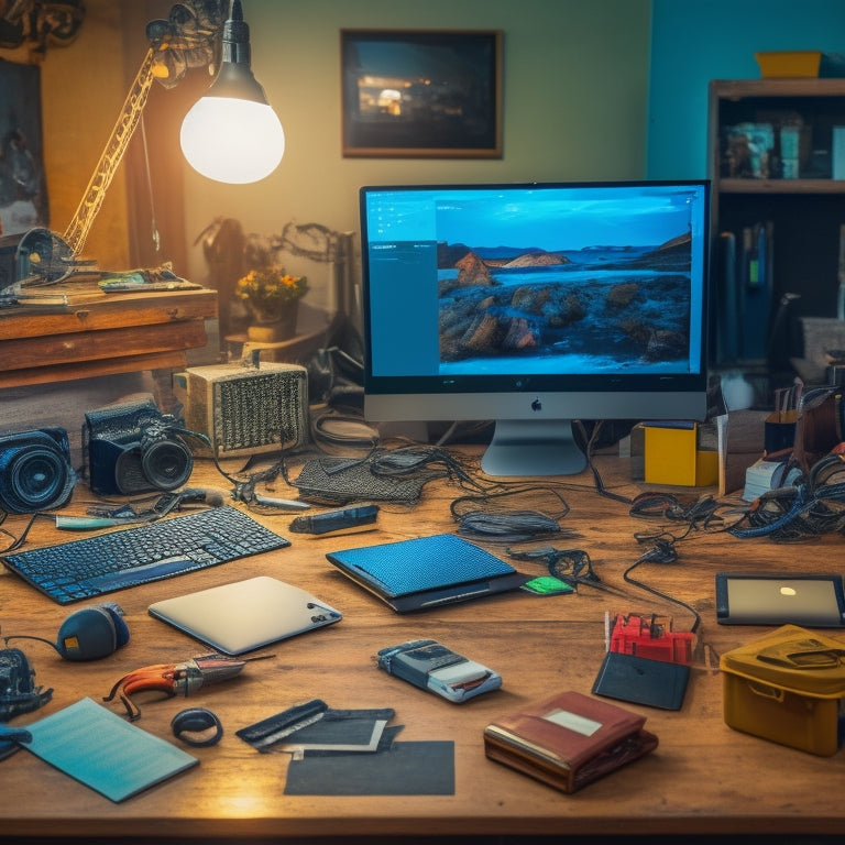 A cluttered desk with a laptop open to an error message, surrounded by scattered tools and wires, with a calm, organized workspace in the background, showcasing a repaired online store on a second screen.